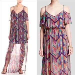 Ella Moss Mazatlan Dress Silk Semi Sheer Maxi Cold Shoulder Summer Women XS